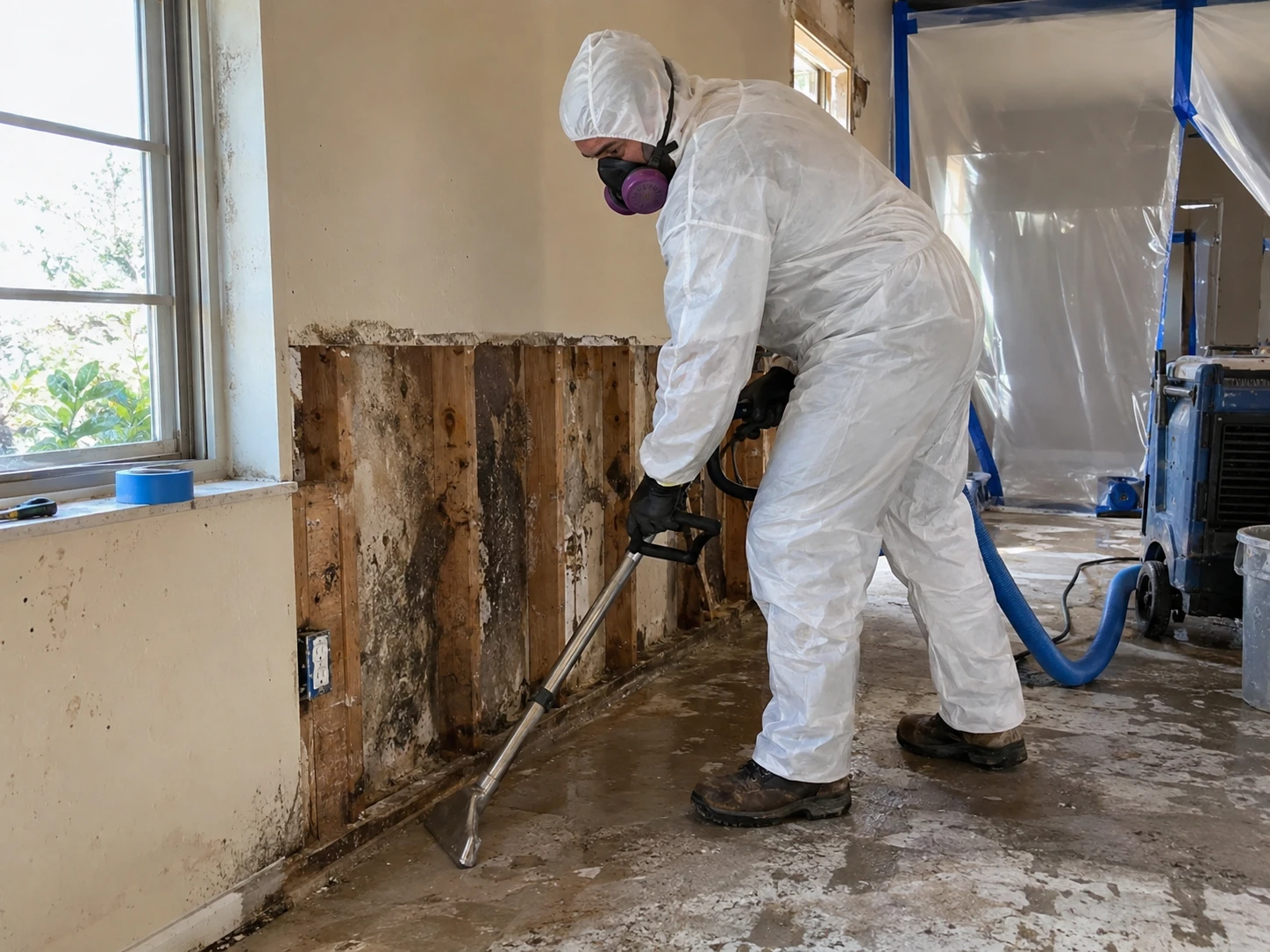 Restoration technician in a white hooded disposable coverall, respirator and gloves, cleaning a mold-damaged wall inside plastic containment