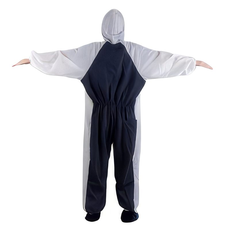 Back of the Ultra Spray Suit, a white and navy hooded work suit