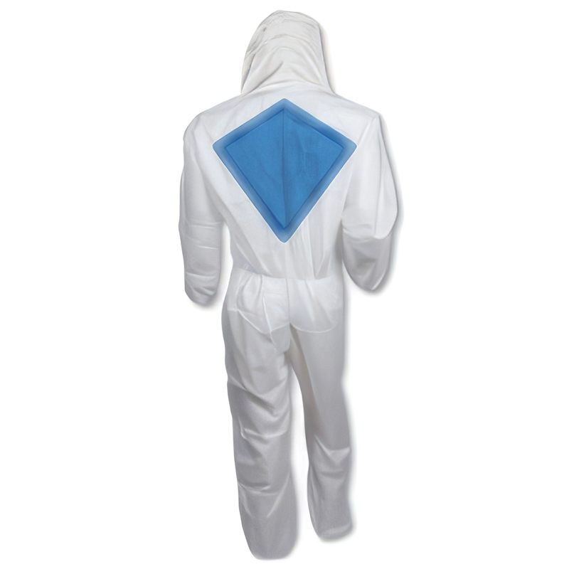 Back of a white vented coverall showing the blue breathable back panel